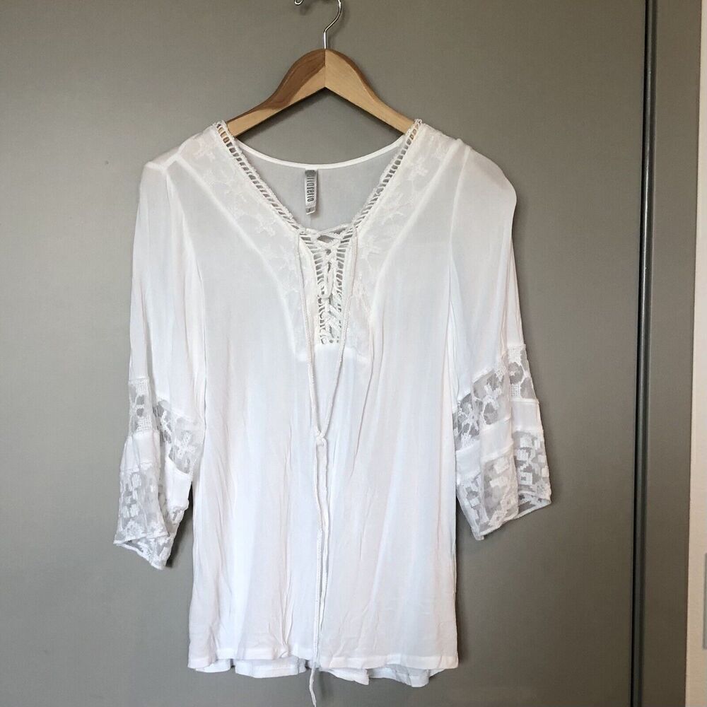 Maria Rello White Lace Boho Top Lace Up Neckline Womens Size Small Rayon